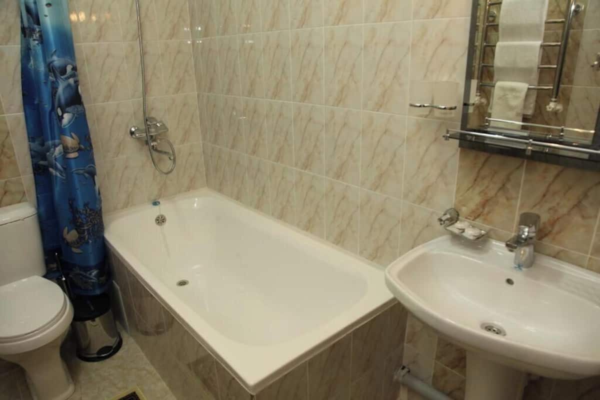 Bathtub, free toiletries, hair dryer, towels