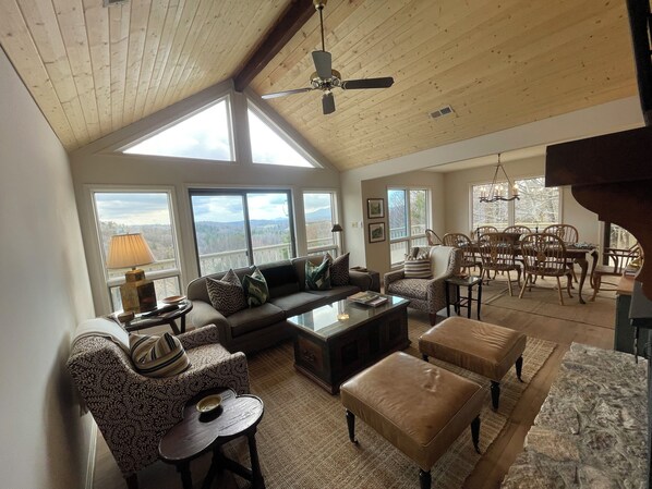 TV connectée, cheminée, livres