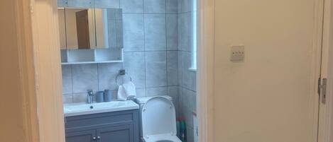 Ein Badezimmer mit Toilette, Waschbecken, Spiegel und gefliesten Wänden.