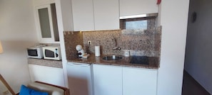 Kitchen area features a sink, faucet, and microwave.