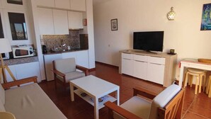 A compact living space with a kitchenette, a flat-screen TV, a sofa, a dining table, and a small kitchen area.