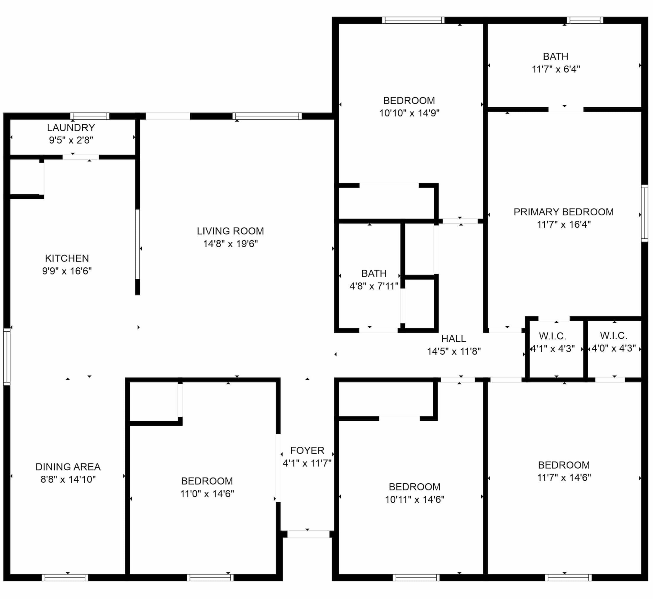 Plano de una casa que incluye sala de estar, cocina, comedor, dos dormitorios, baño, vestíbulo y un pasillo.