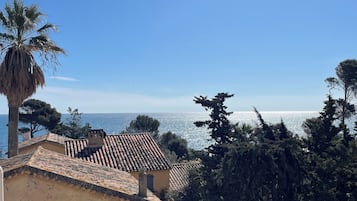 Un edificio costero con techo de tejas, una palmera y vista al mar.