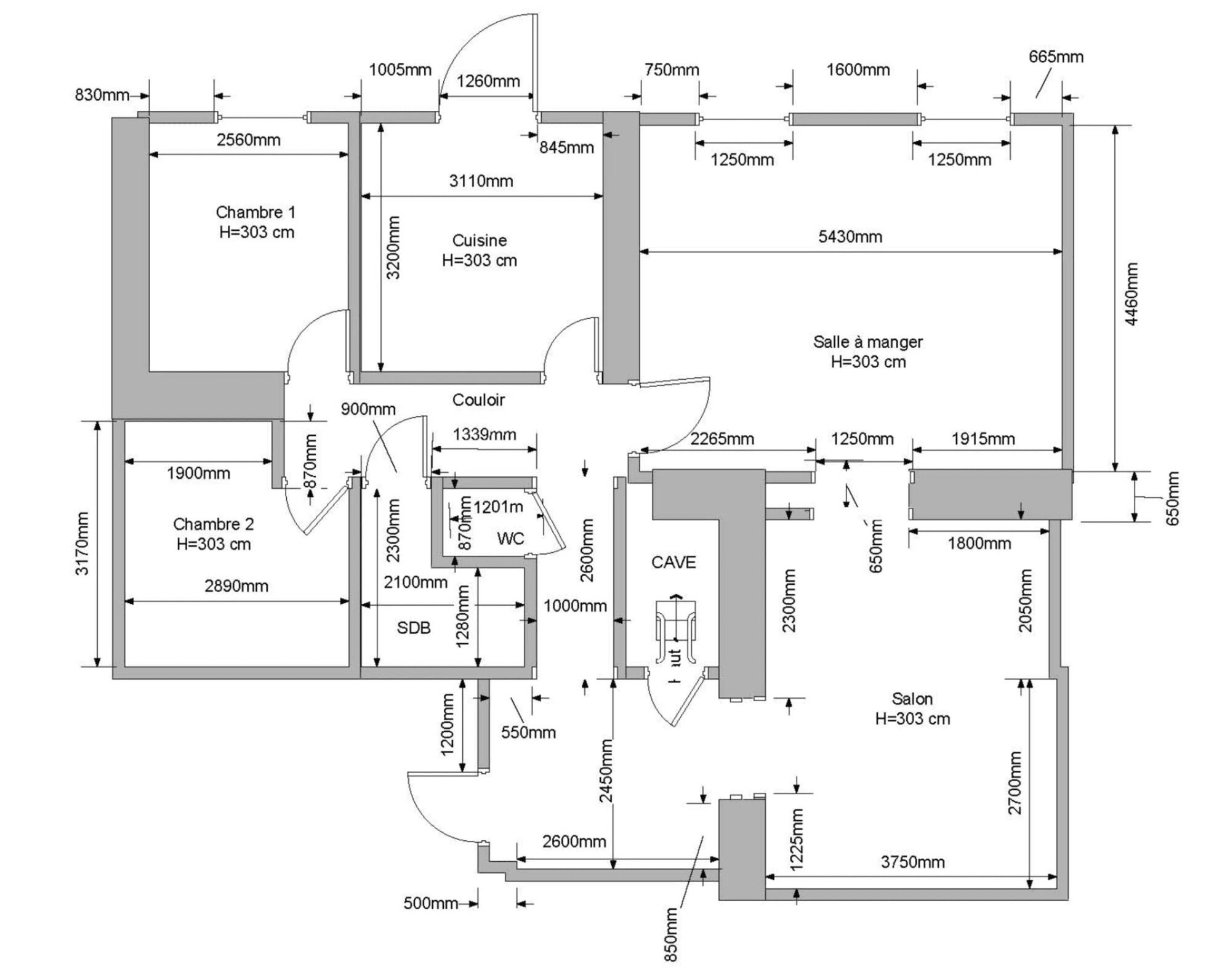 A floor plan of a hotel with two bedrooms, a kitchen, a bathroom, a living room, a dining area, and a bathroom.