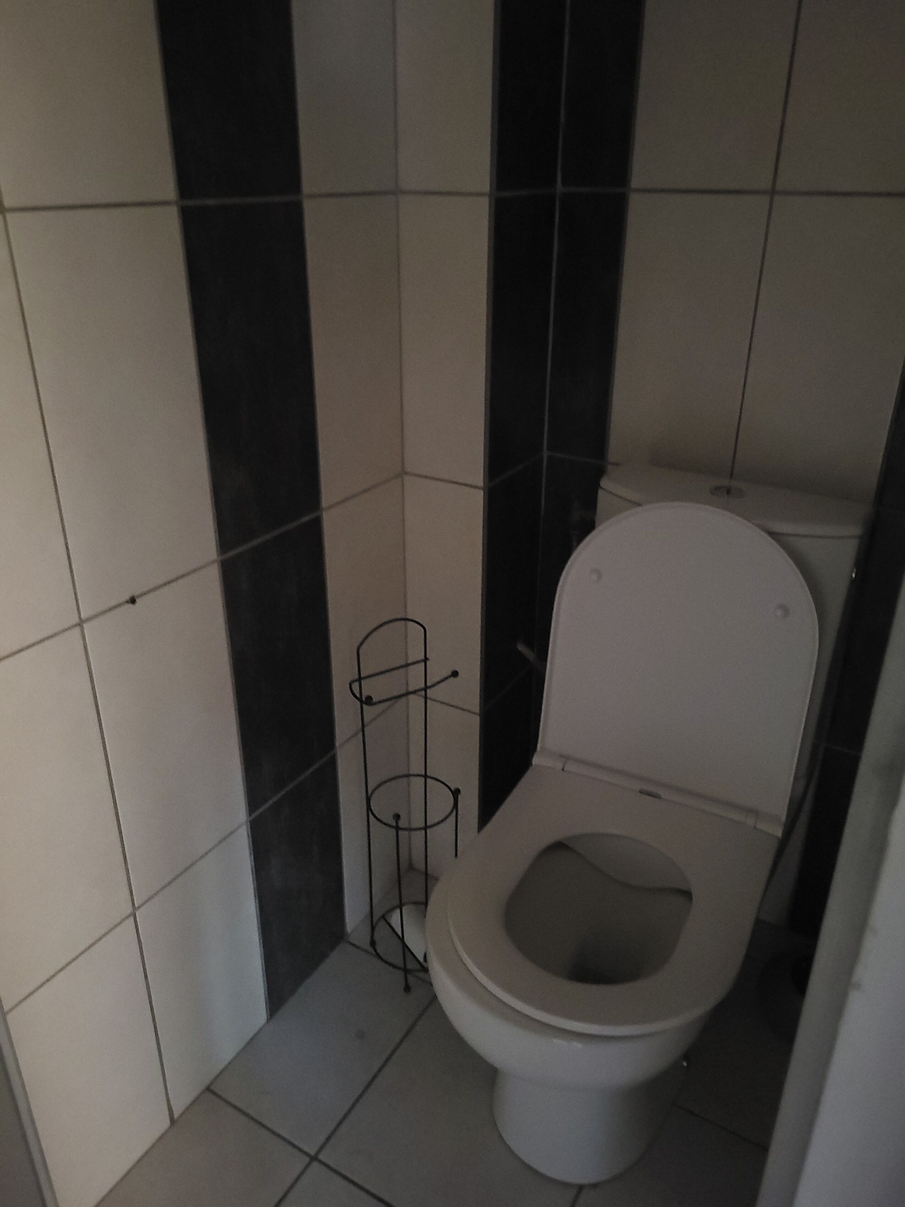 Ein kleines Badezimmer mit Fliesen, einer Toilette und einem Metallregal.