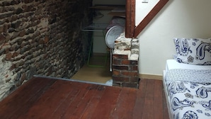 A room with a sloped ceiling, a skylight, a stone wall, a wooden beam, a bed with patterned bedding, and a fan. - SUITE EN BORD DE LOIRE (APT N°23) (Roanne)