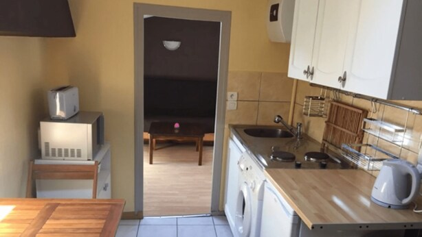 A compact kitchen with a washing machine, a sink, and a small table. - Apt British under the slopes (APT N°21) (Roanne)