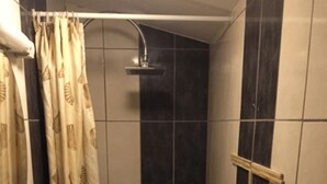 A bathroom with a shower, a sink, and a toilet. - Apt British under the slopes (APT N°21) (Roanne)