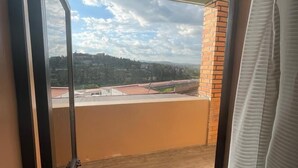 A balcony with a view of a cityscape, a brick wall, and a wooden floor.