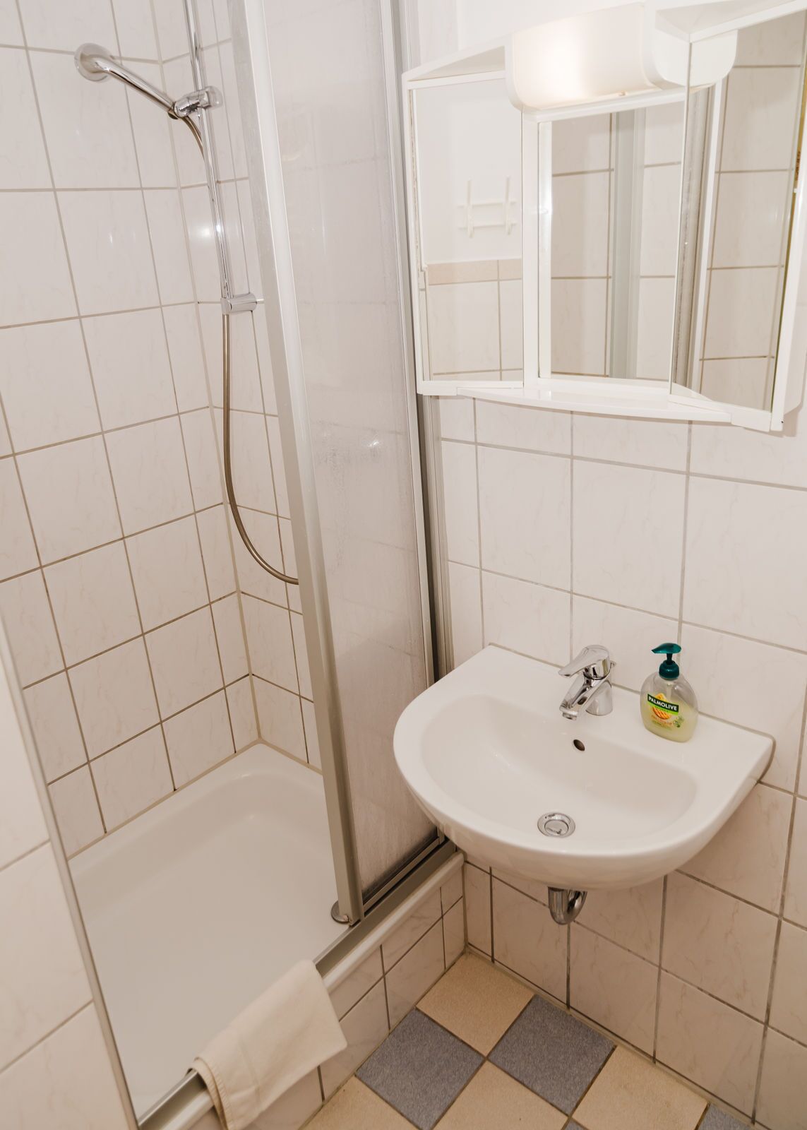 A bathroom with a shower, a sink, and a mirror.