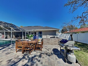 Outdoor dining - Pet-Friendly Home with Private Pool, Fenced Yard + Near the Beach! (Palm Coast)