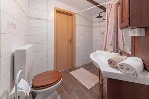 A bathroom with a toilet, sink, and shower. - Fairy-tale Tiny House From 17th Century (Koper)
