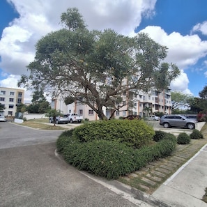Residents enjoy a serene atmosphere surrounded by lush greenery and well-manicured hedges.