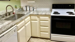 A kitchen with white cabinets, a stainless steel sink, a white microwave, and a black stove.