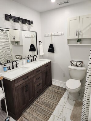 Hair dryer, towels, soap, shampoo