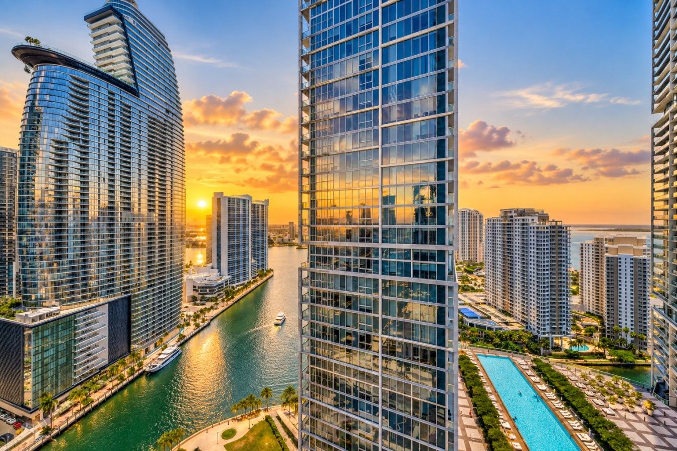 A high-rise building with a glass facade, a waterfront promenade, and a pool area.