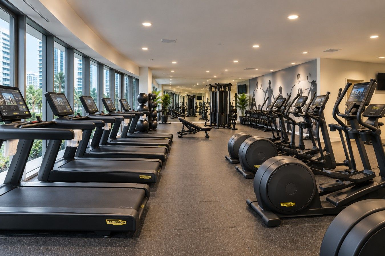 A gym with treadmills, elliptical machines, and weight stations.