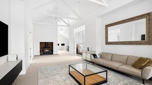 Smart TV, fireplace, books