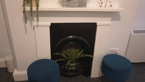 Une pièce avec une cheminée blanche, une plante en pot placée devant, et deux chaises bleues.