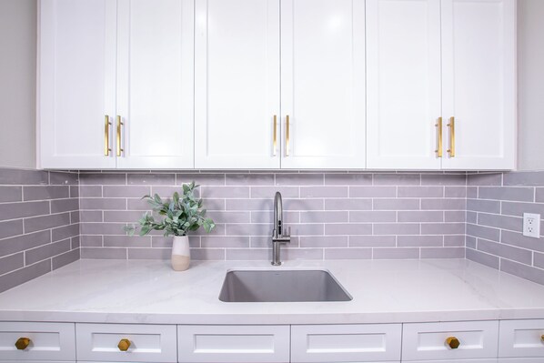 A kitchen with white cabinets, a stainless steel sink, and a potted plant.