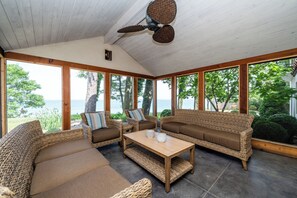 TV, fireplace, books