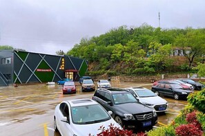 Un parking rempli de voitures, un bâtiment à la façade verte et noire, et des arbres en arrière-plan.
