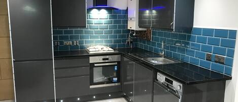 Fridge, microwave, oven, electric kettle