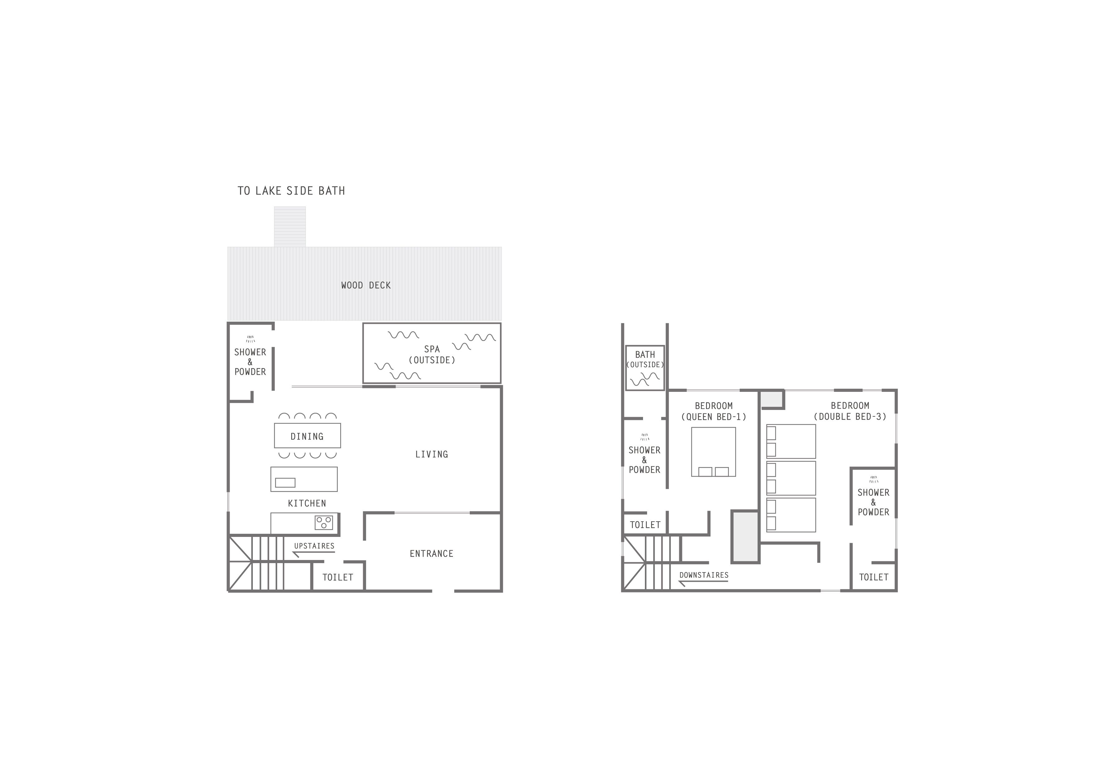Two floor plans of a property with a wood deck, dining area, kitchen, living room, two bedrooms, a bathroom, and a spa outside.