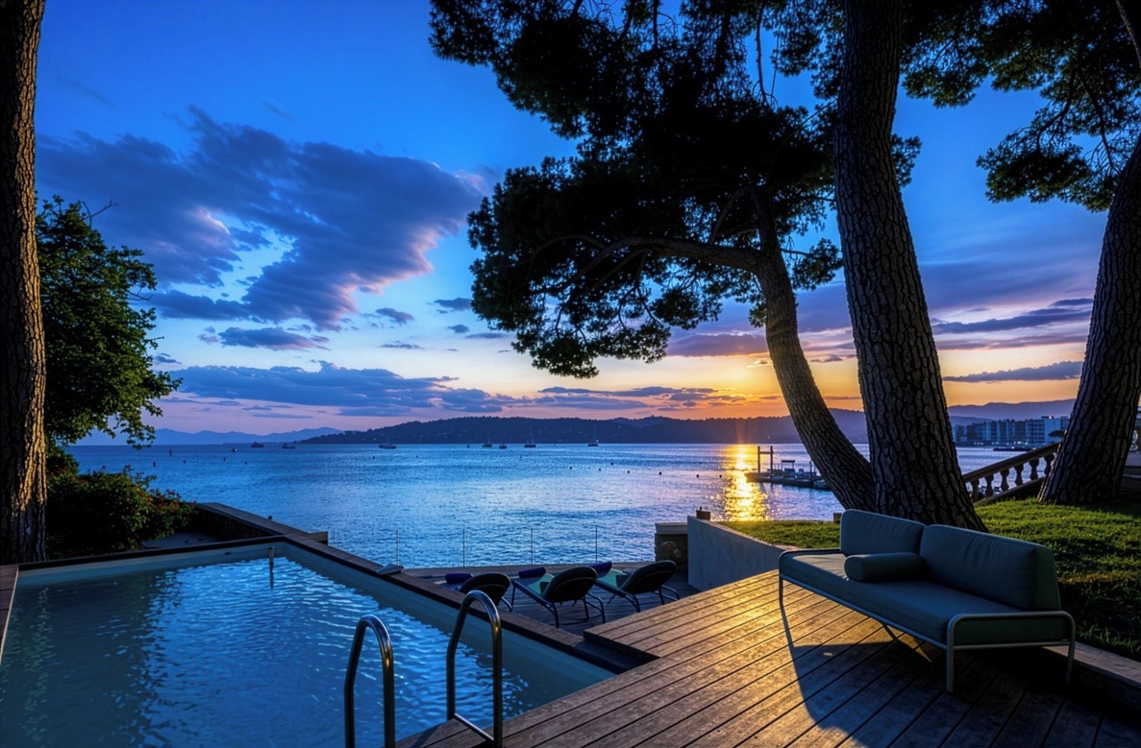 A poolside area with a view of the sea and sunset.