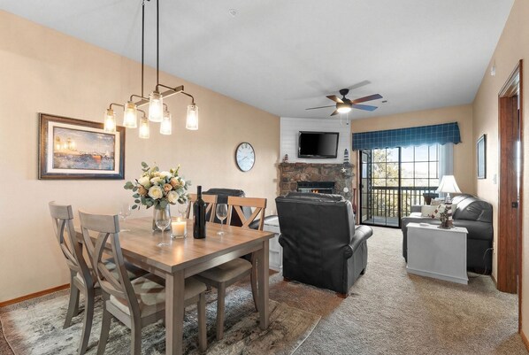 Smart TV, fireplace, DVD player, video library