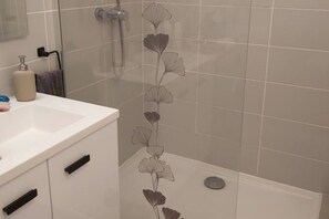 Douche, sèche-cheveux, serviettes fournies, savon