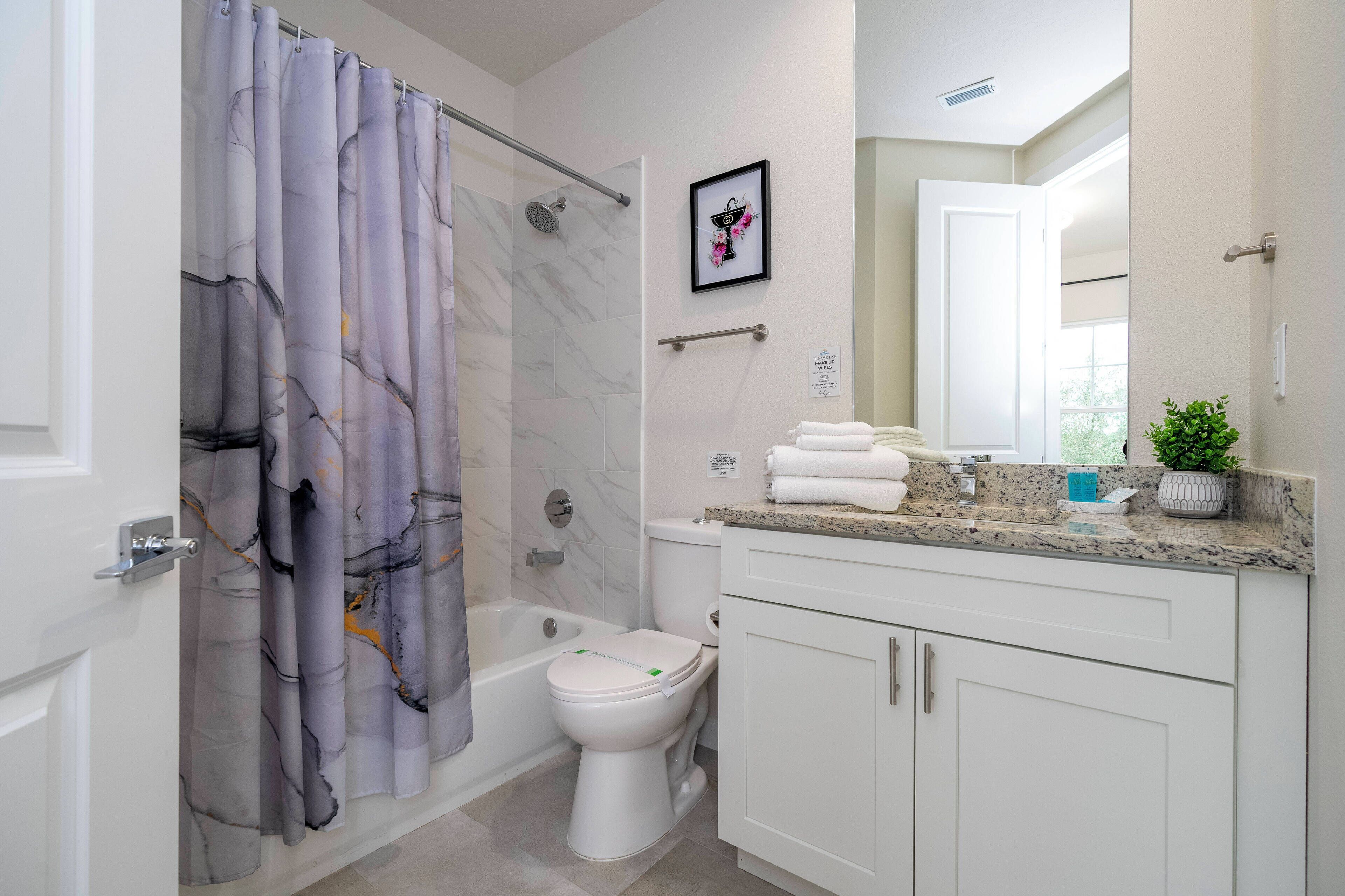 A bathroom with a shower, toilet, and vanity with a mirror.