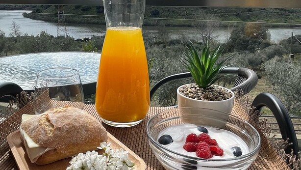 Une table dressée pour le petit-déjeuner avec un verre de jus d’orange, une miche de pain, une assiette de yaourt et de fruits rouges, et une petite plante en pot, le tout placé sur une table offrant une vue sur un lac et des montagnes.