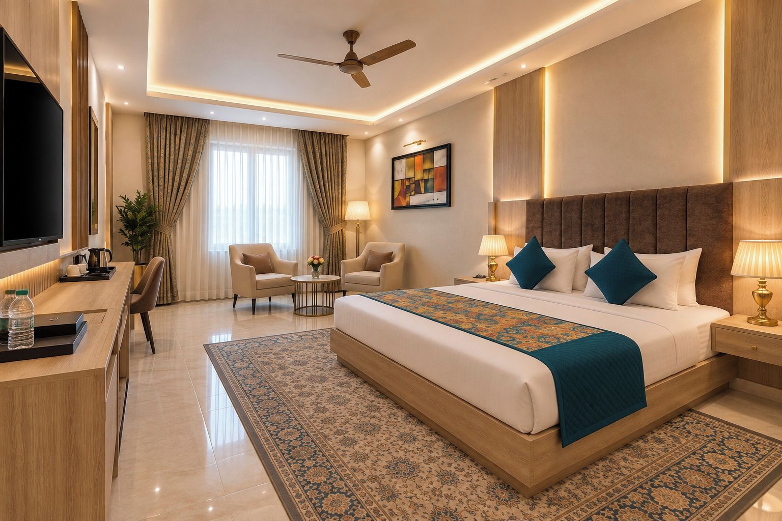 Une chambre d’hôtel avec un grand lit, deux fauteuils, un bureau avec un téléviseur à écran plat et un ventilateur de plafond.