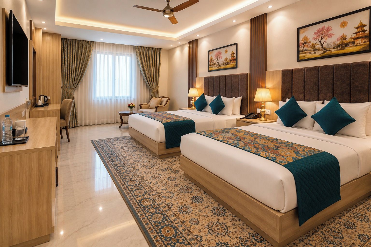 A hotel room with two beds, a desk, a chair, a TV, and artwork on the walls.