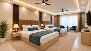 A hotel room with two beds, a desk, a chair, a TV, and a ceiling fan. - Hotel West End Mahipalpur Delhi IGI (New Delhi)