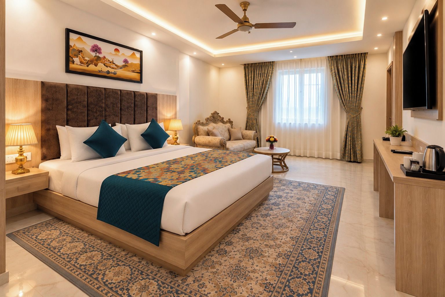 A modern hotel room with a large bed, a desk, a television, and a ceiling fan.