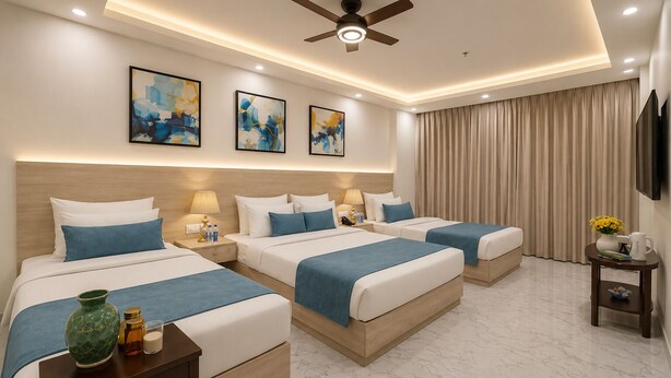 A hotel room with three beds, a ceiling fan, artwork on the wall, and a flat-screen TV. - Hotel West End Mahipalpur Delhi IGI (New Delhi)