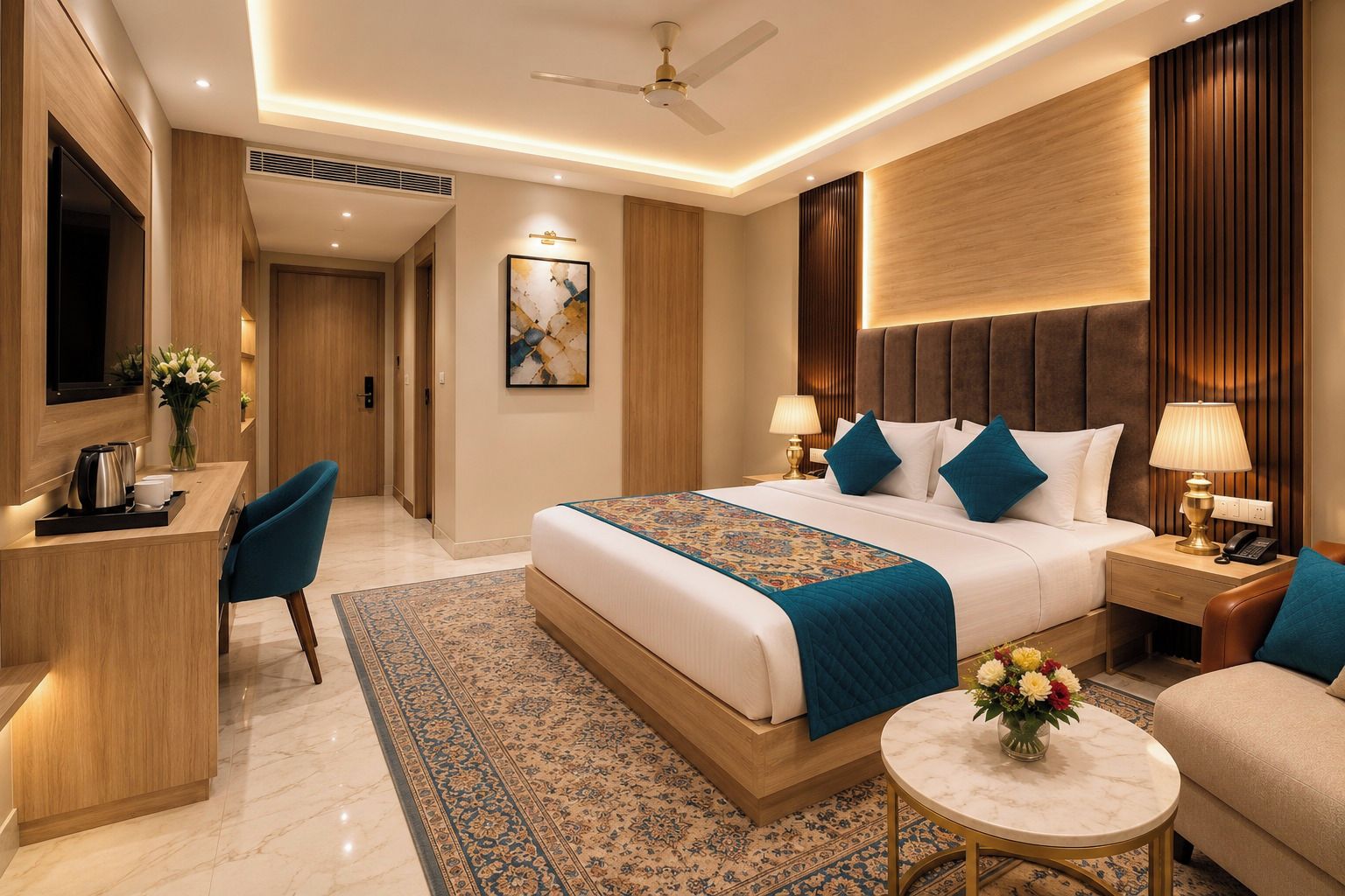 Une chambre d’hôtel comprenant un lit, des tables de chevet, un bureau, une chaise, une table ronde et un ventilateur de plafond.