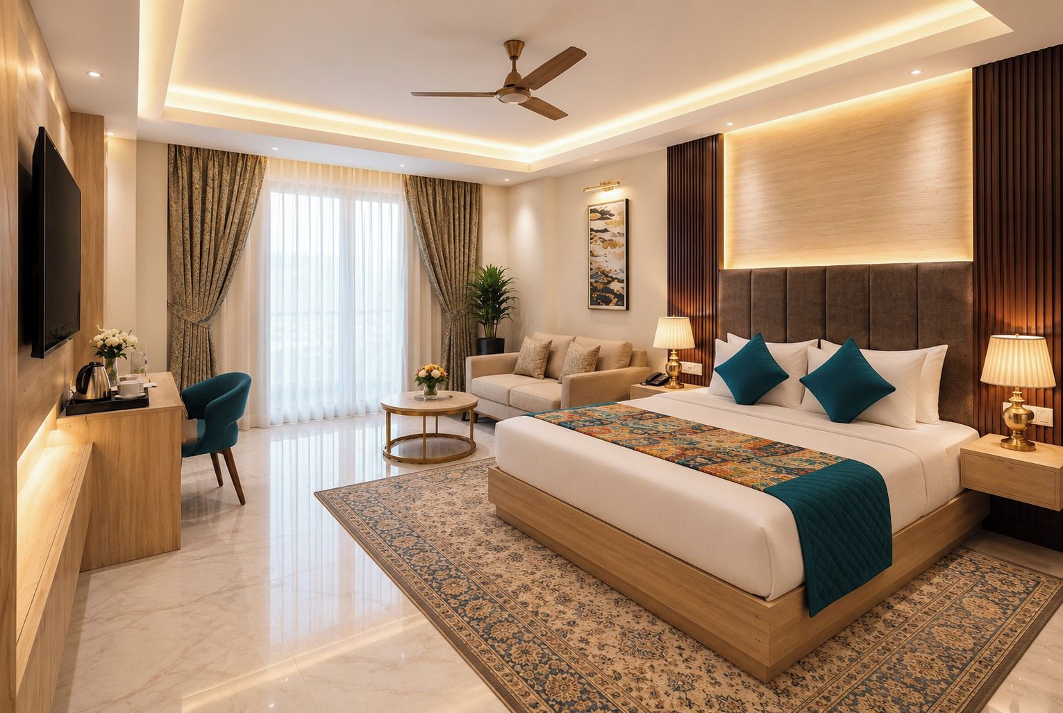 A modern hotel room with a large bed, a desk, a sofa, and a TV.