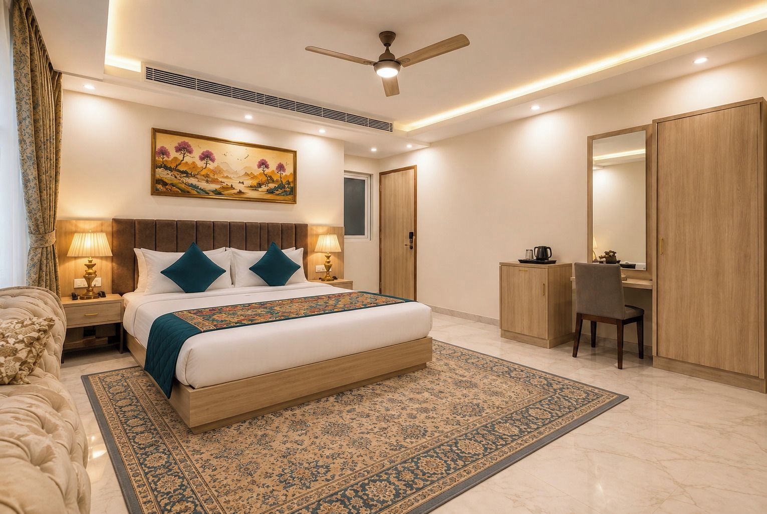 A modern hotel room with a large bed, a desk, a chair, a wardrobe, and a ceiling fan.