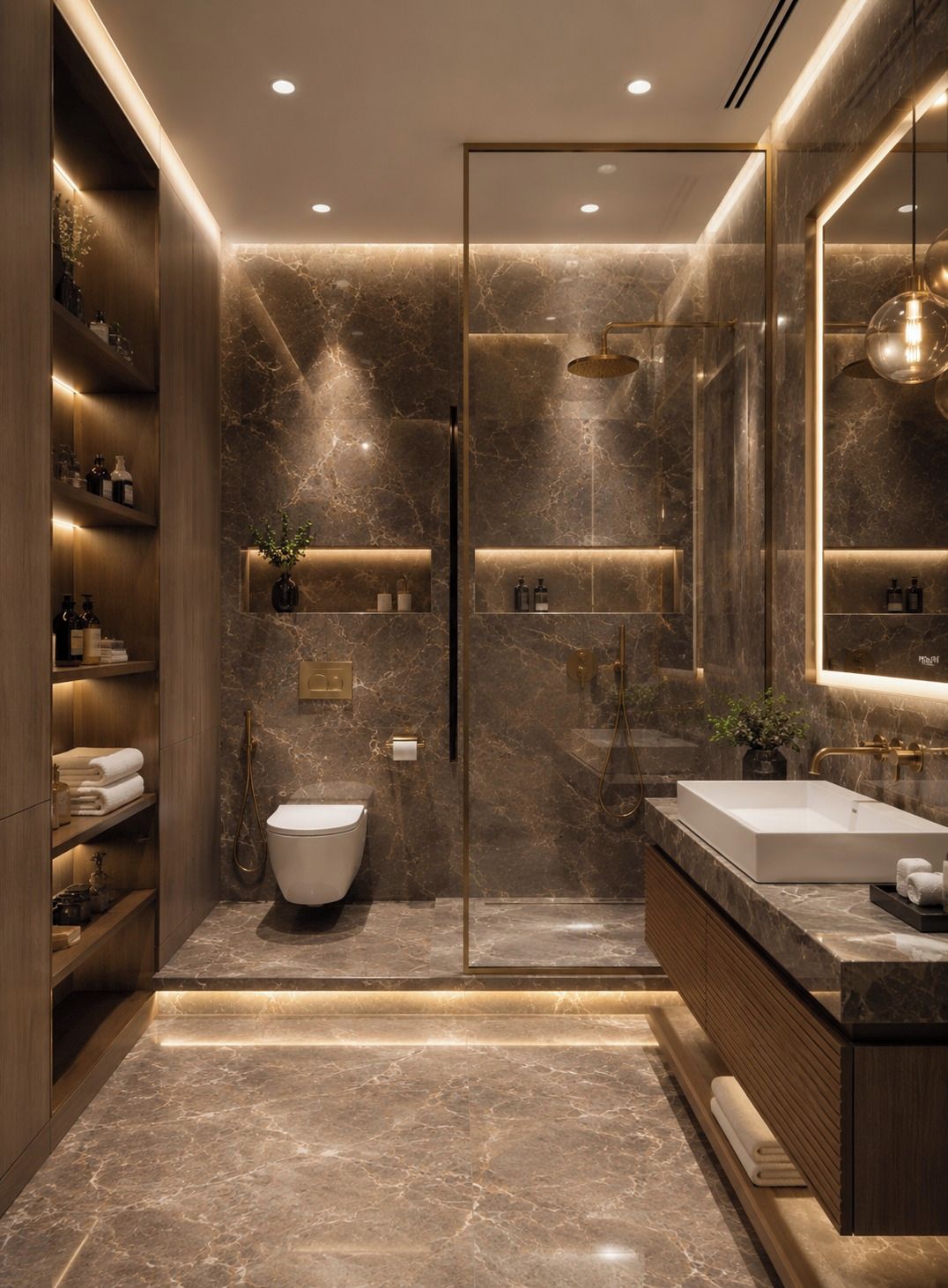 A modern bathroom with a glass-enclosed shower, a freestanding toilet, a vanity with a large mirror, and built-in shelves with toiletries.