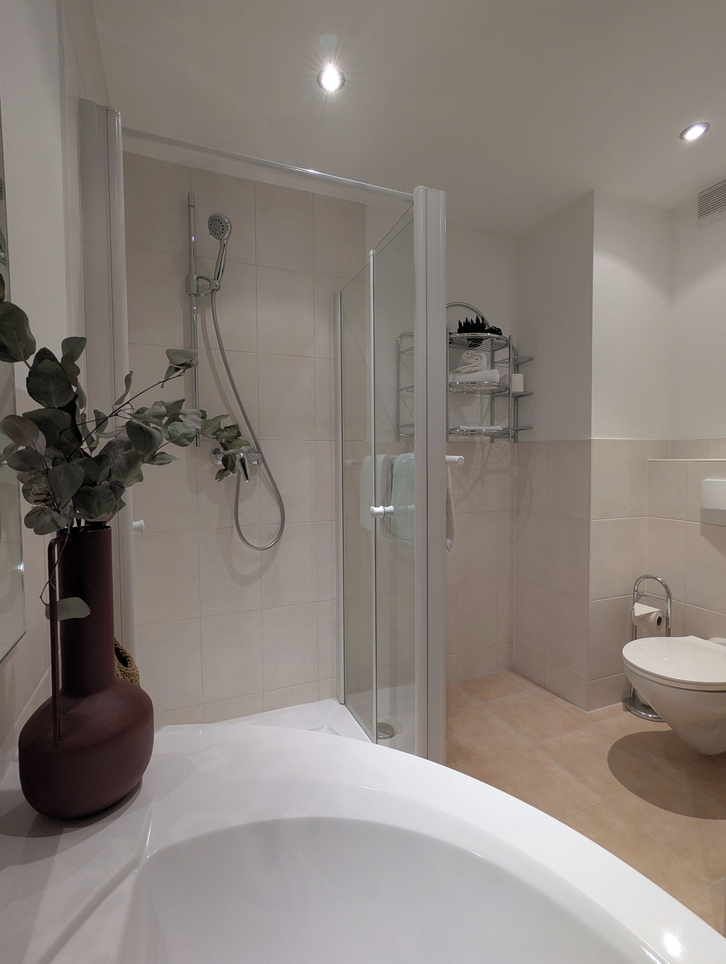 Dusche, Haartrockner, Handtücher, Seife