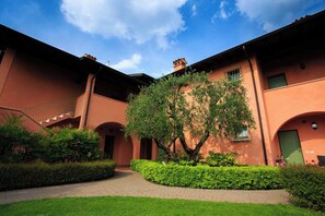 Stroll through the serene courtyard, surrounded by lush greenery and a majestic tree.