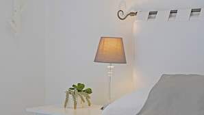 A neatly arranged bedroom with a white bed, a bedside table with a lamp, and a small potted plant.