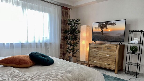 A bedroom with a bed, a TV, a wooden dresser, a plant, and a painting. - Apartment GoodTimes, ground floor, 2 x 50" TV, Netflix, south-facing terrace w. Access to the parking lot (Aarbergen)