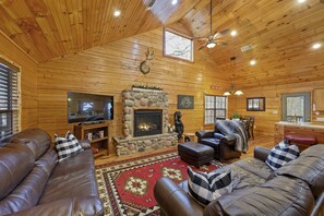 Smart TV, fireplace, table football, books