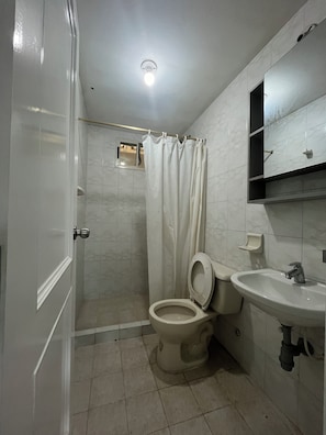 Shower, towels, soap, toilet paper