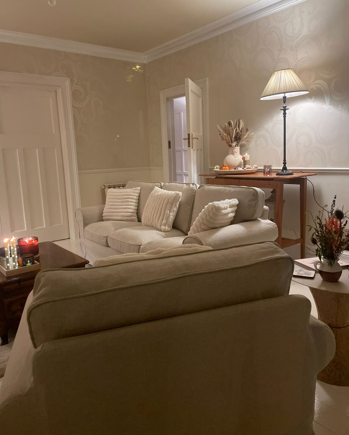 TV, fireplace, books, stereo