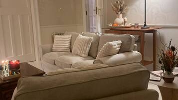 TV, fireplace, books, stereo